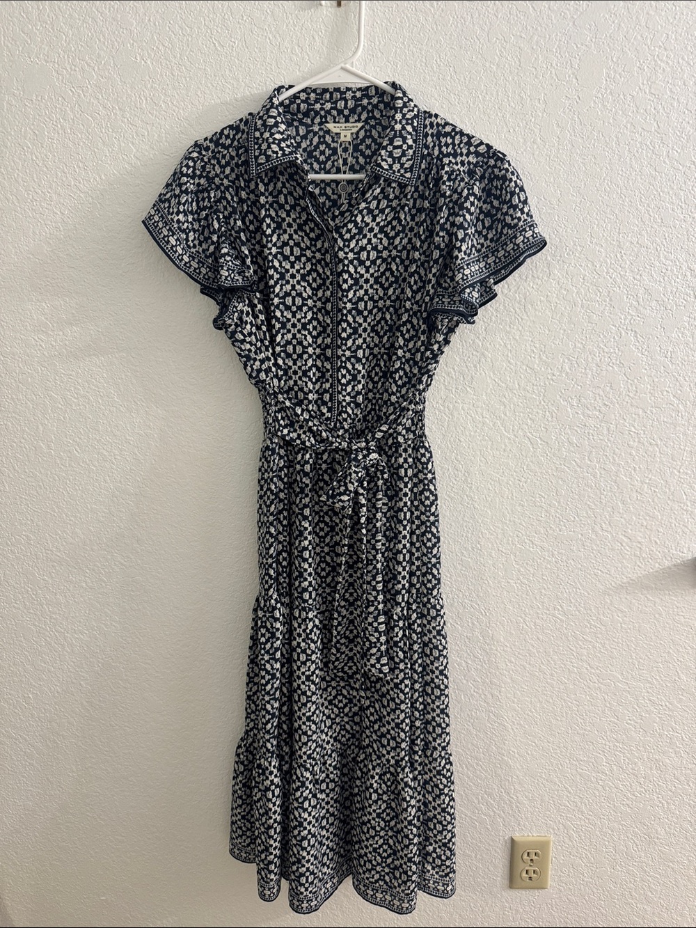 Max Studio Navy and White Floral Maxi Shirt Dress